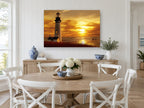 Golden Lighthouse Dusk coastal canvas print on the wall of a Hamptons dining room