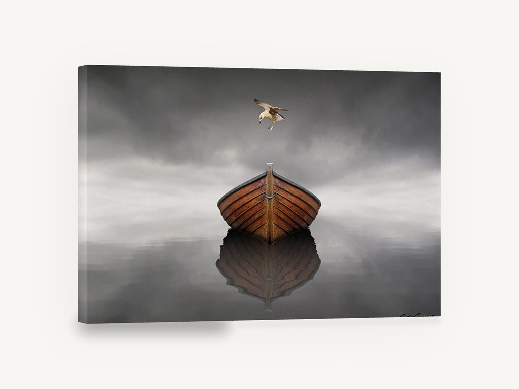 Gull Over Still Boat, wooden boat seagull still water photograph, coastal canvas wall art print ready to hang