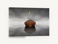 Gull Over Still Boat, wooden boat seagull still water photograph, coastal canvas wall art print ready to hang