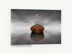 Gull Over Still Boat, wooden boat seagull still water photograph, coastal canvas wall art print ready to hang