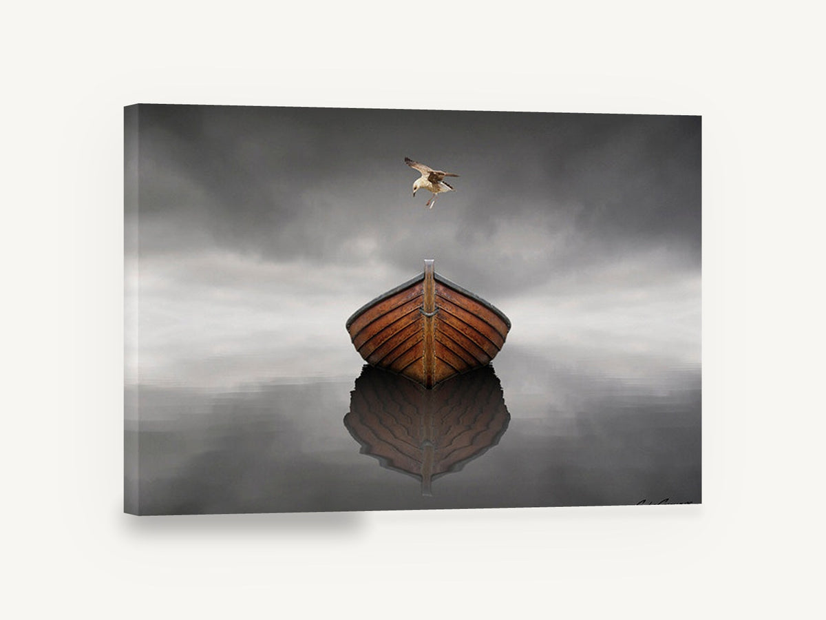 Gull Over Still Boat, wooden boat seagull still water photograph, coastal canvas wall art print ready to hang