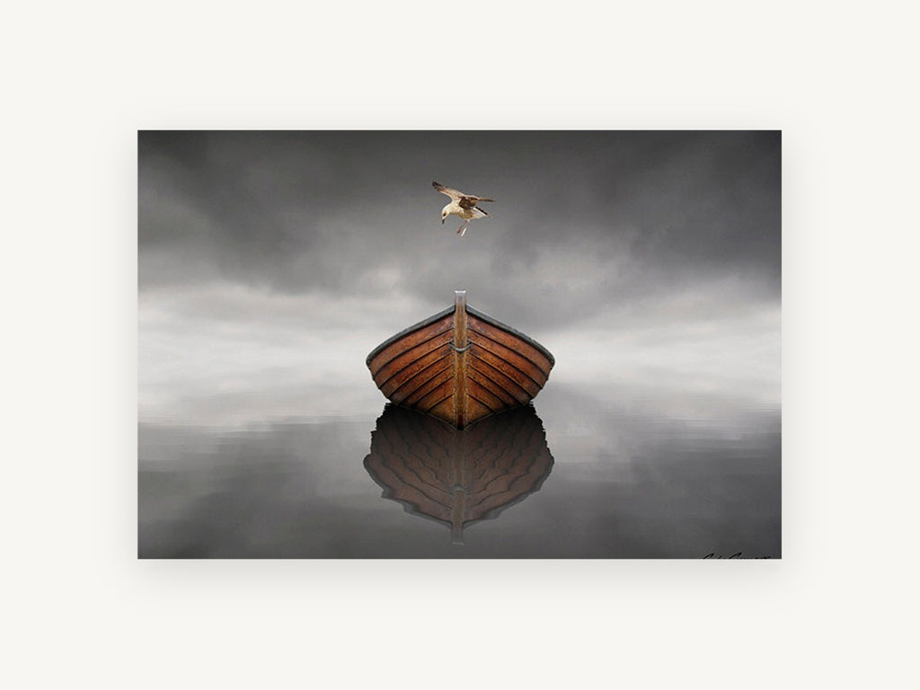 Gull Over Still Boat, coastal canvas wall art print, front view