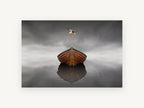 Gull Over Still Boat, coastal canvas wall art print, front view