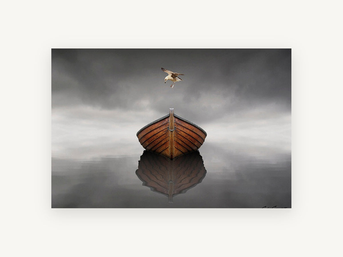 Gull Over Still Boat, coastal canvas wall art print, front view