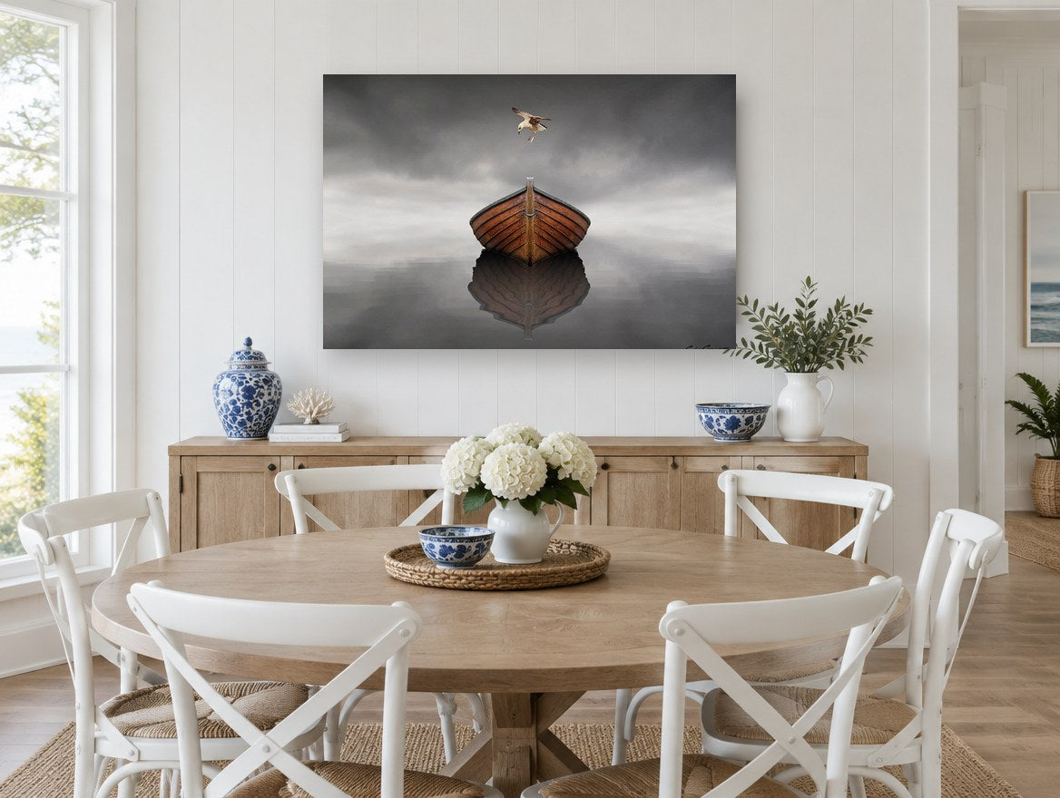 Gull Over Still Boat coastal canvas print on the wall of a Hamptons dining room