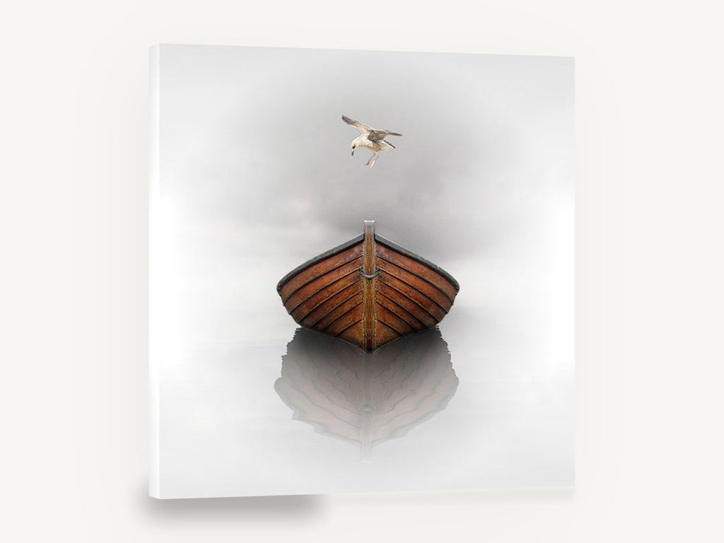 Gull Above Still Boat, wooden boat seagull misty photograph, coastal canvas wall art print ready to hang