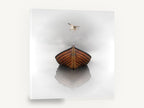Gull Above Still Boat, wooden boat seagull misty photograph, coastal canvas wall art print ready to hang