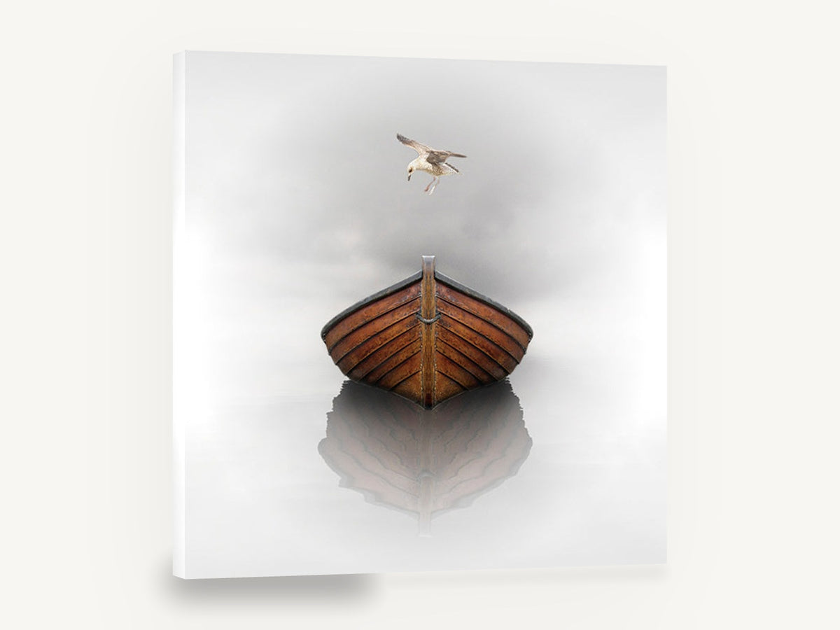 Gull Above Still Boat, wooden boat seagull misty photograph, coastal canvas wall art print ready to hang