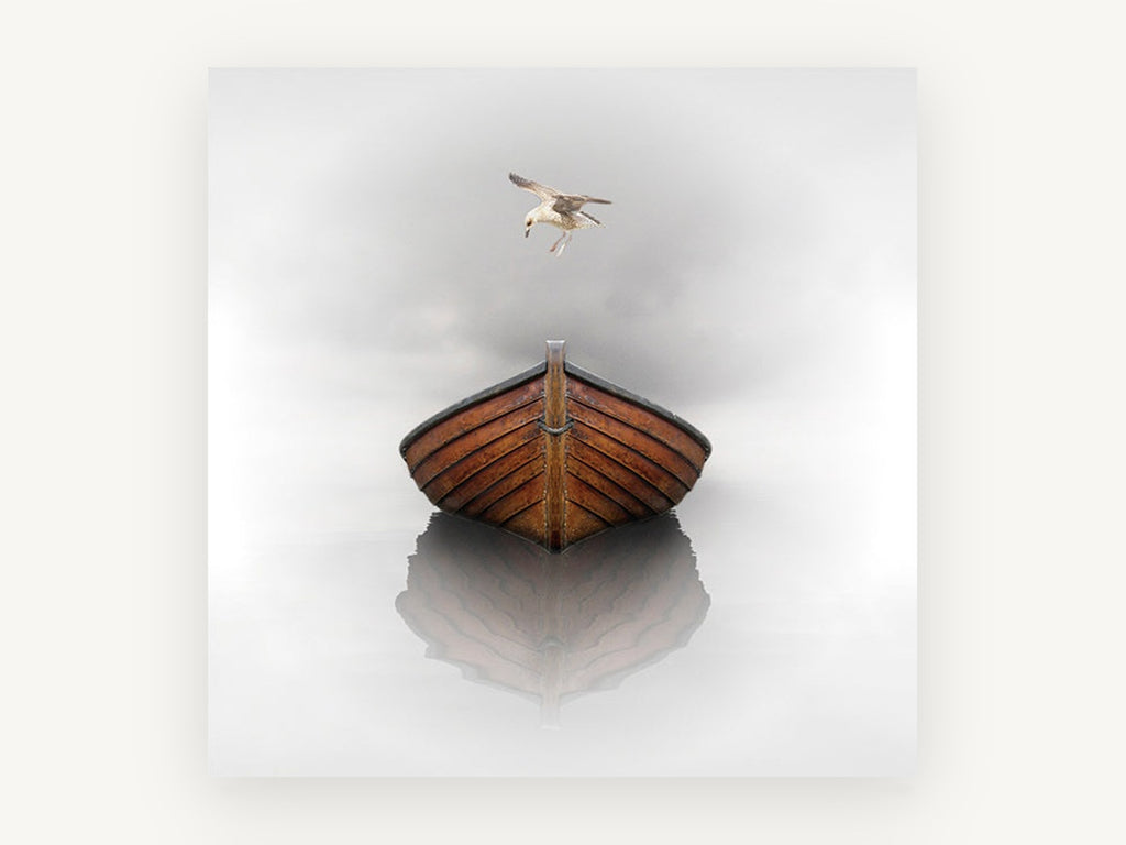 Gull Above Still Boat, coastal canvas wall art print, front view