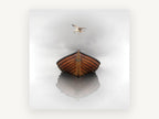Gull Above Still Boat, coastal canvas wall art print, front view