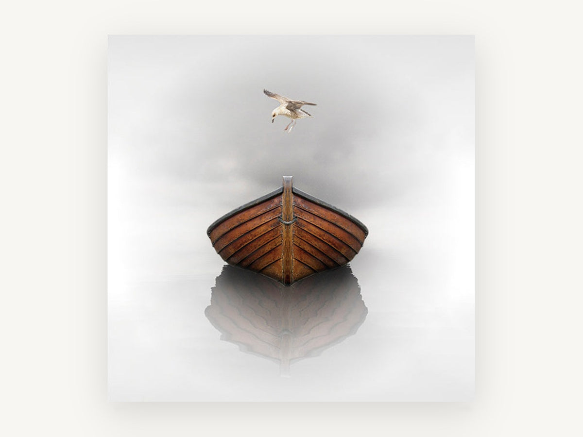 Gull Above Still Boat, coastal canvas wall art print, front view