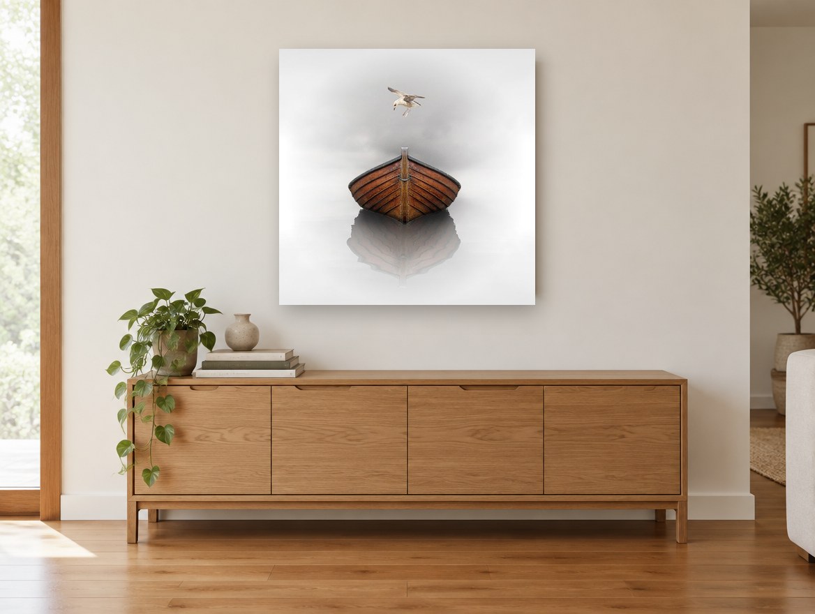 Gull Above Still Boat coastal canvas print on the wall of a living room above a sideboard
