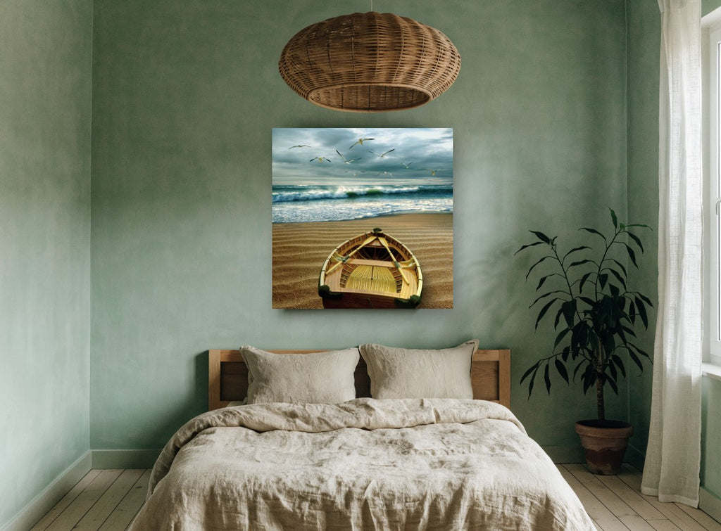Dawn Rowboat and Gulls coastal canvas print on the wall of a bedroom