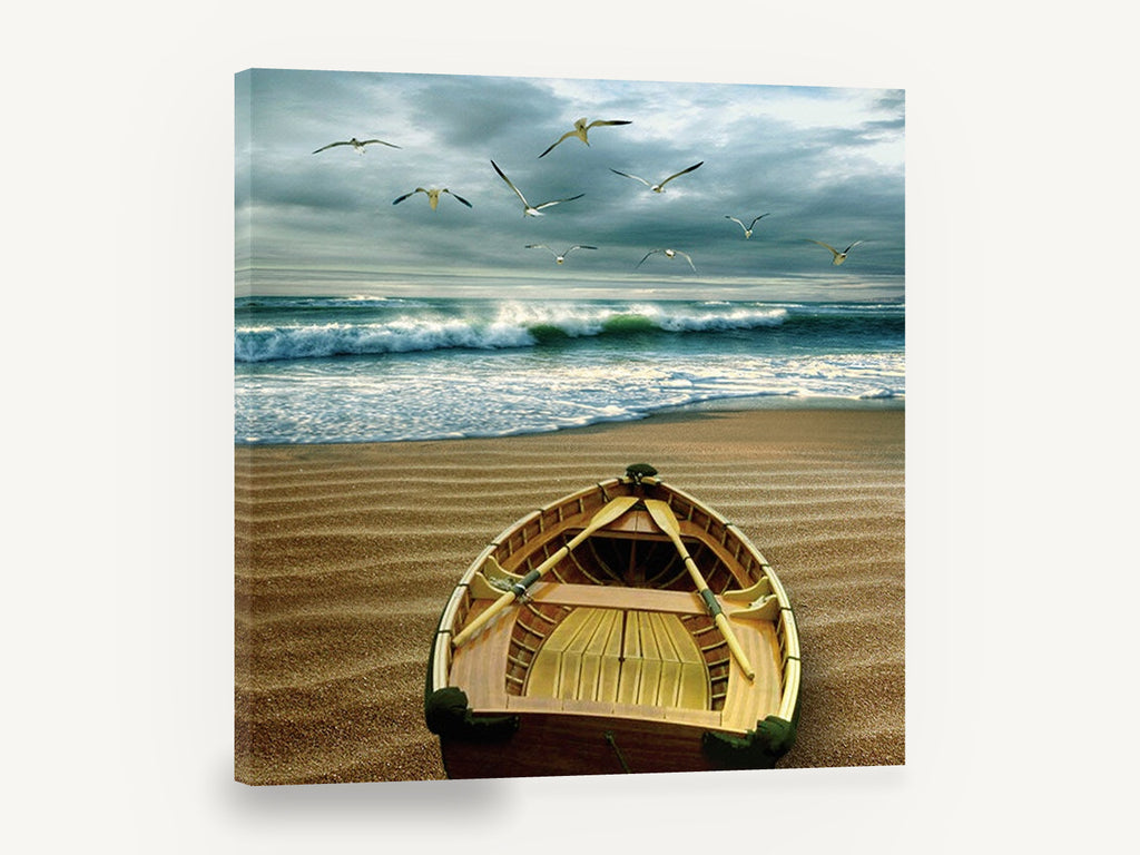 Dawn Rowboat and Gulls, rowboat on beach with seagulls, coastal canvas wall art print ready to hang