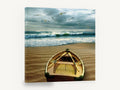 Dawn Rowboat and Gulls, rowboat on beach with seagulls, coastal canvas wall art print ready to hang
