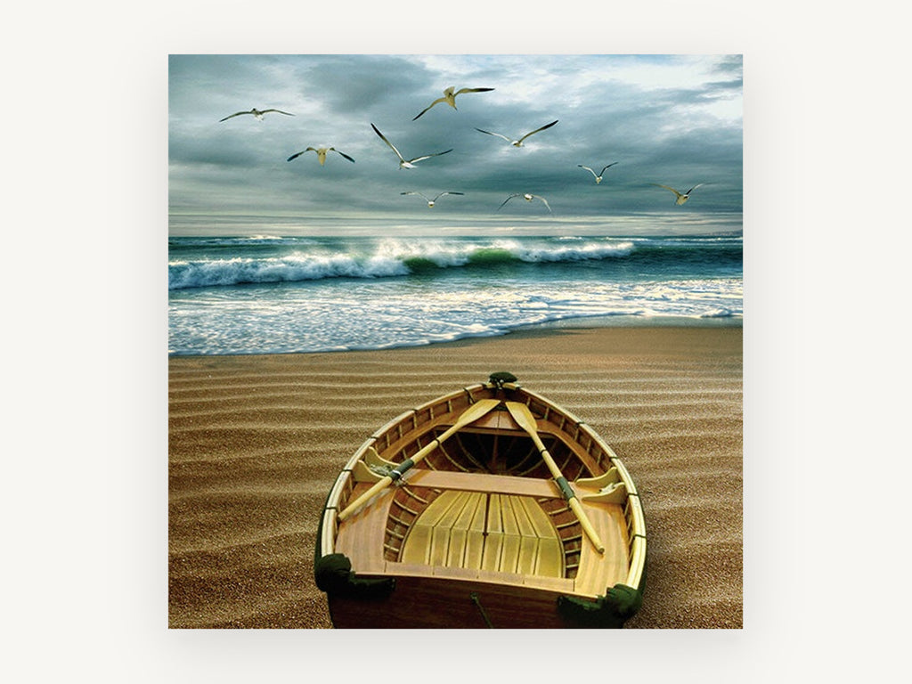 Dawn Rowboat and Gulls, coastal canvas wall art print, front view