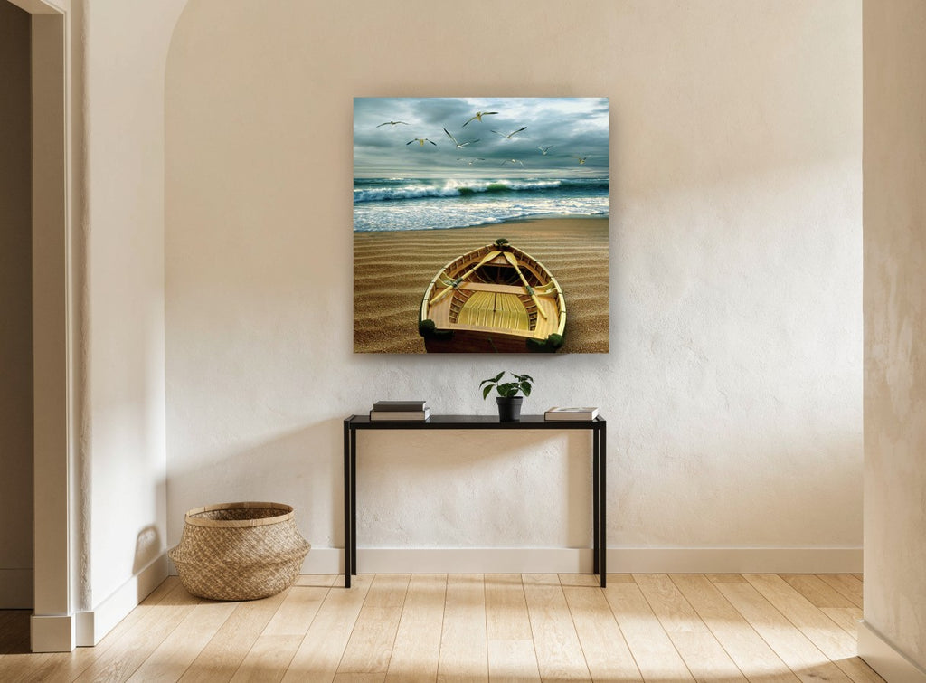 Dawn Rowboat and Gulls coastal canvas print on the wall of a hallway