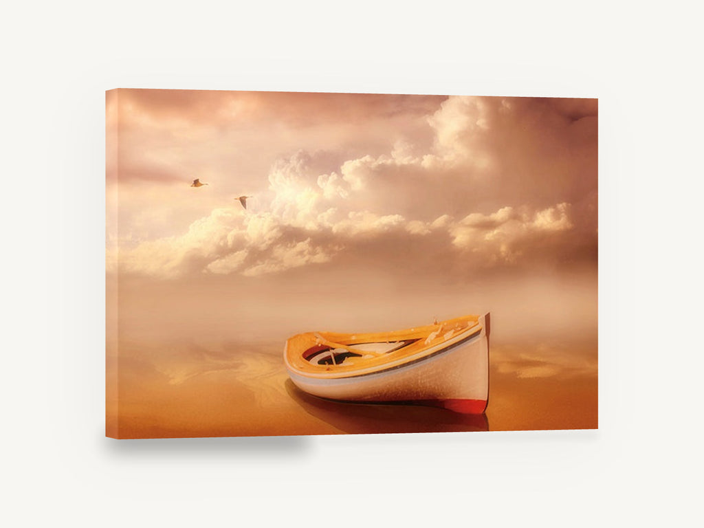 Amber Dusk Rowboat, rowboat on still amber water, coastal canvas wall art print ready to hang