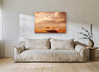 Amber Dusk Rowboat coastal canvas print on the wall of a living room