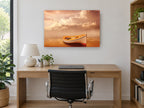 Amber Dusk Rowboat coastal canvas print on the wall of a study