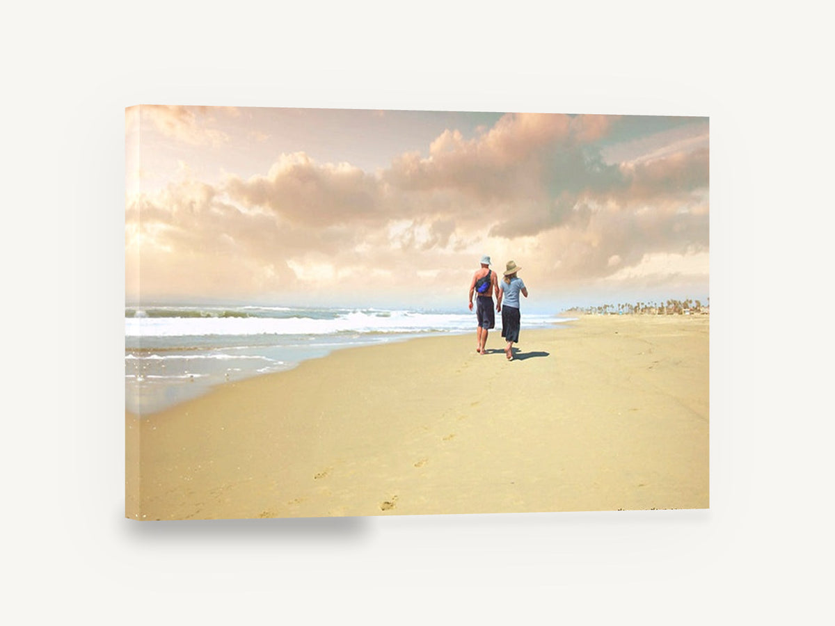 Barefoot Along the Shore, couple walking beach sunset photograph, coastal canvas wall art print ready to hang