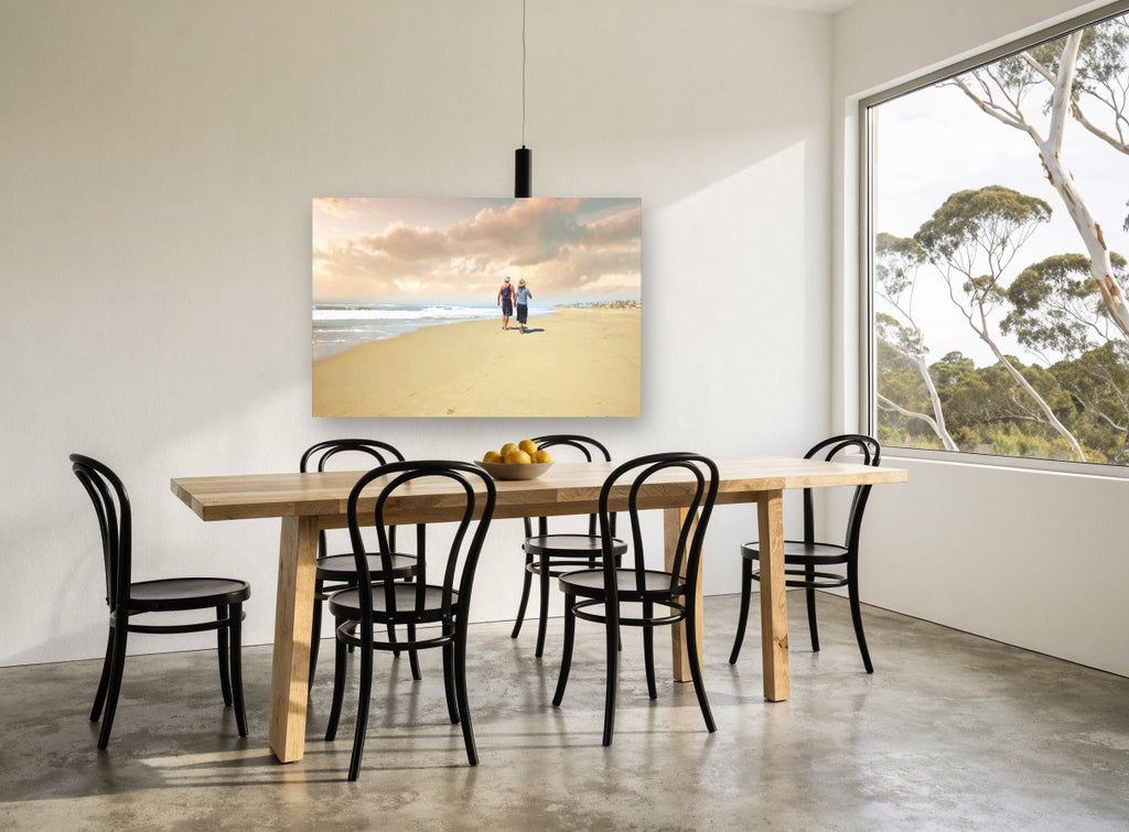 Barefoot Along the Shore coastal canvas print on the wall of a dining room