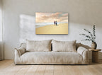 Barefoot Along the Shore coastal canvas print on the wall of a living room