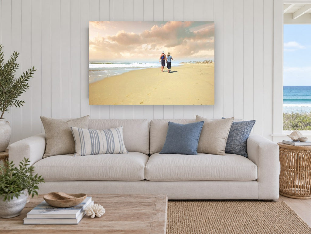 Barefoot Along the Shore coastal canvas print on the wall of a beach house living room
