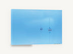 Blue Haze Moorings, misty blue sailboats reflection photograph, coastal canvas wall art print ready to hang