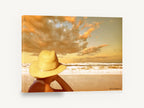 Golden Hat Beach Gaze, straw hat beach sunset photograph, coastal canvas wall art print ready to hang