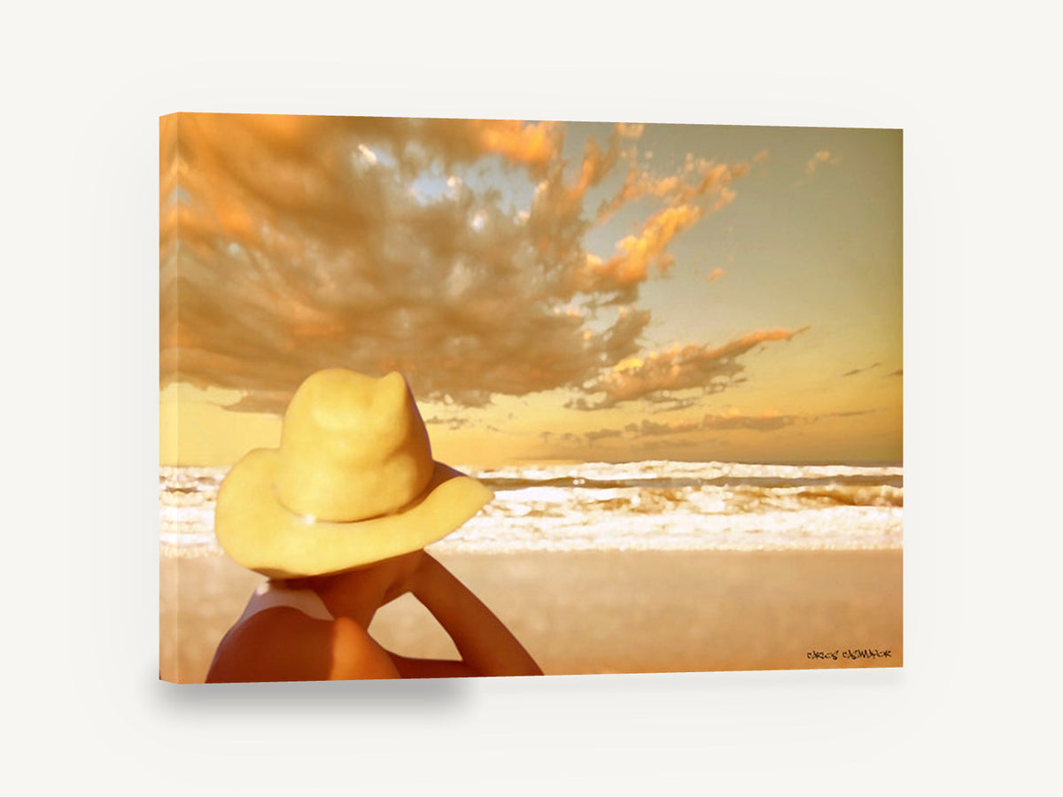 Golden Hat Beach Gaze, straw hat beach sunset photograph, coastal canvas wall art print ready to hang