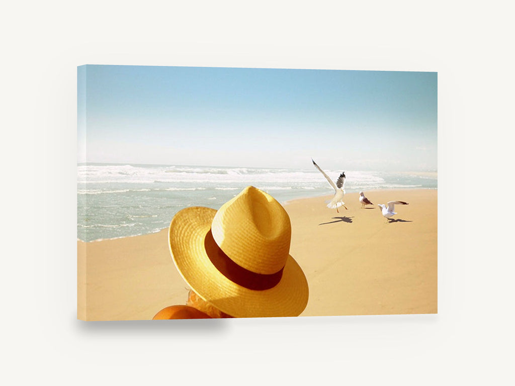 Hat and Seagulls, straw hat seagulls beach photograph, coastal canvas wall art print ready to hang