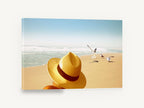 Hat and Seagulls, straw hat seagulls beach photograph, coastal canvas wall art print ready to hang