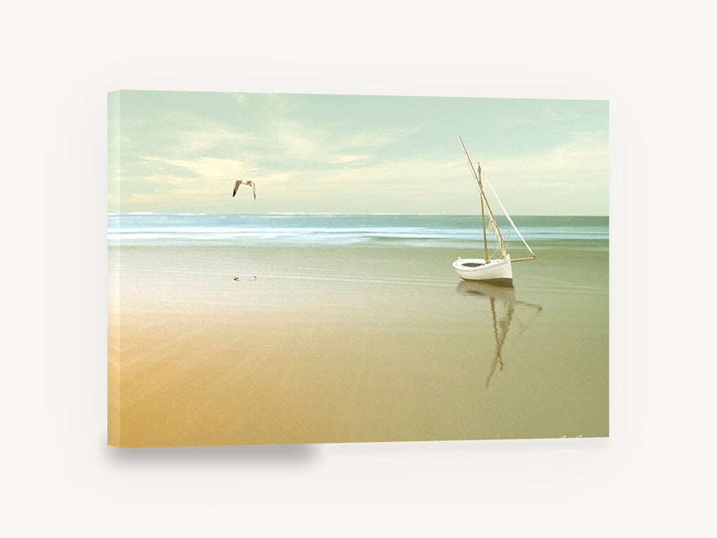 Stranded Boat at Dawn, white boat on beach sunrise photograph, coastal canvas wall art print ready to hang