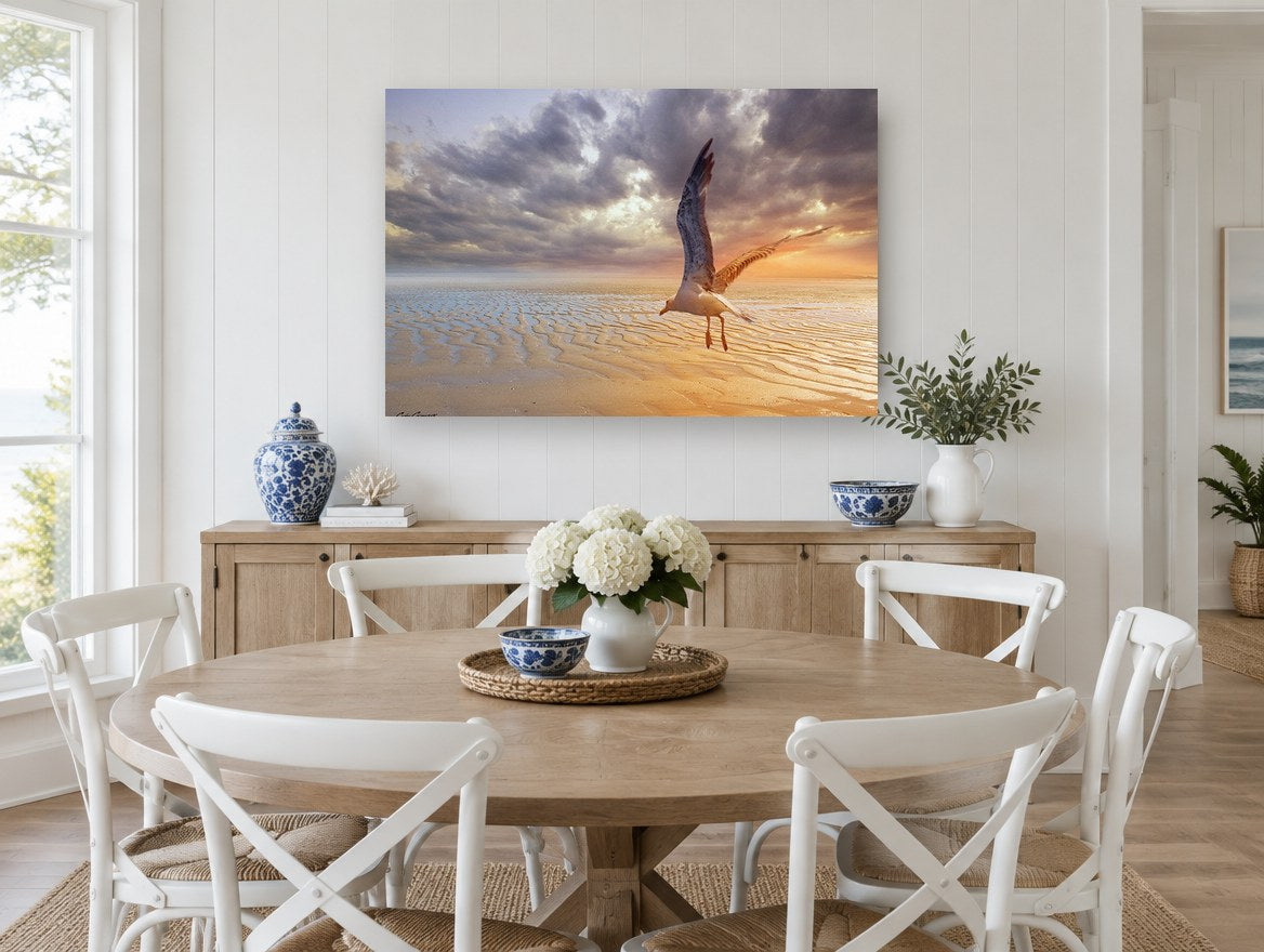 Gull Over Rippled Sands coastal canvas print on the wall of a Hamptons dining room