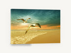 Gulls at Golden Dawn, seagulls flying over golden beach, coastal canvas wall art print ready to hang