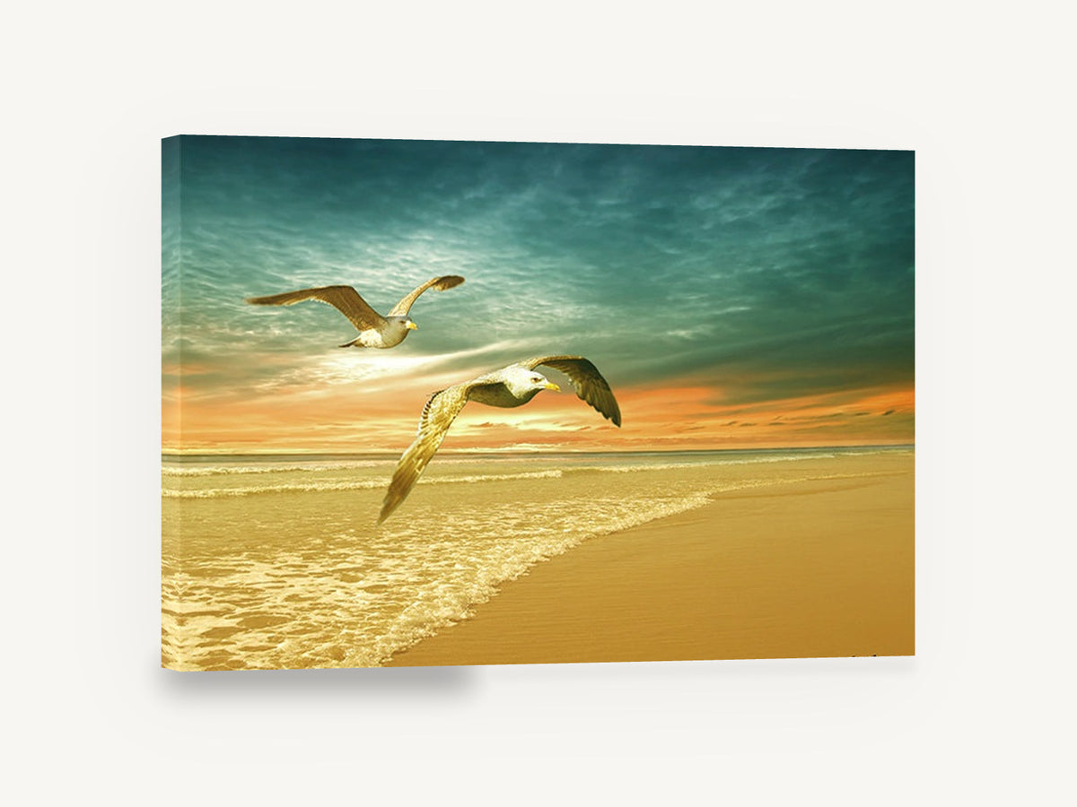 Gulls at Golden Dawn, seagulls flying over golden beach, coastal canvas wall art print ready to hang