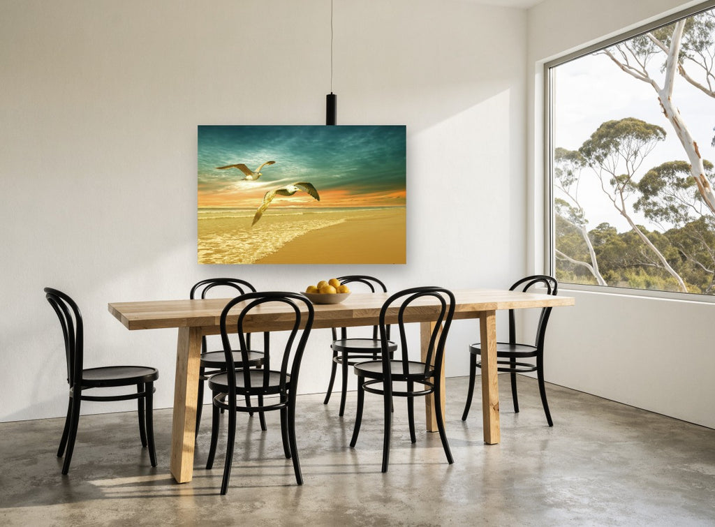 Gulls at Golden Dawn coastal canvas print on the wall of a dining room