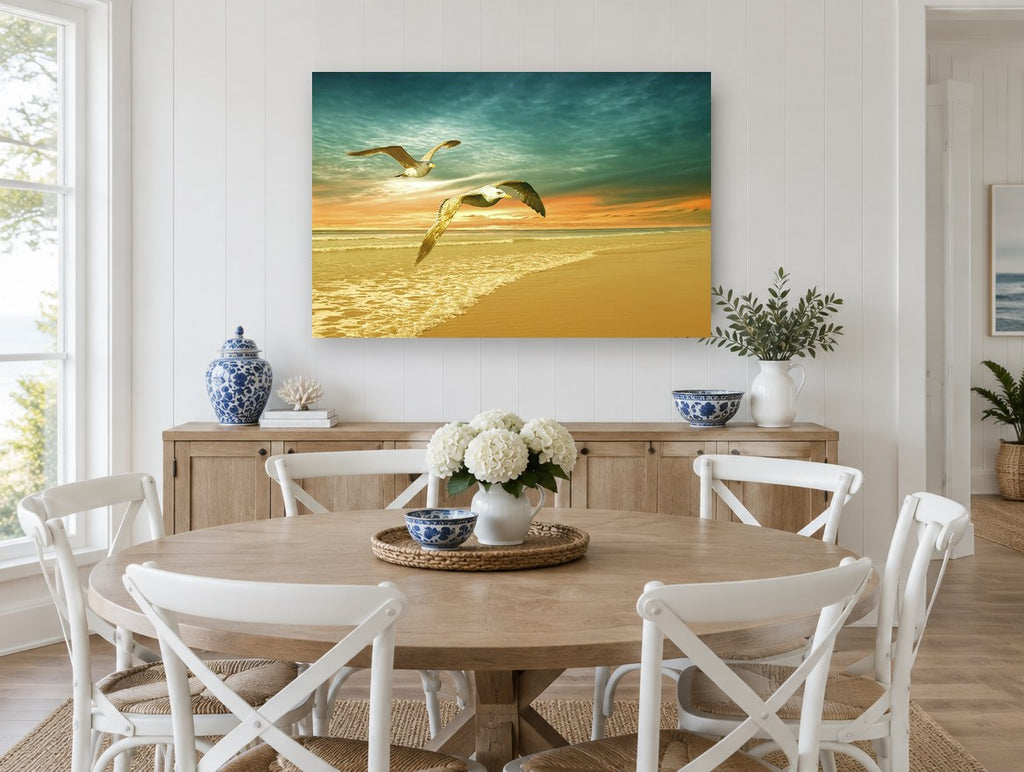 Gulls at Golden Dawn coastal canvas print on the wall of a Hamptons dining room