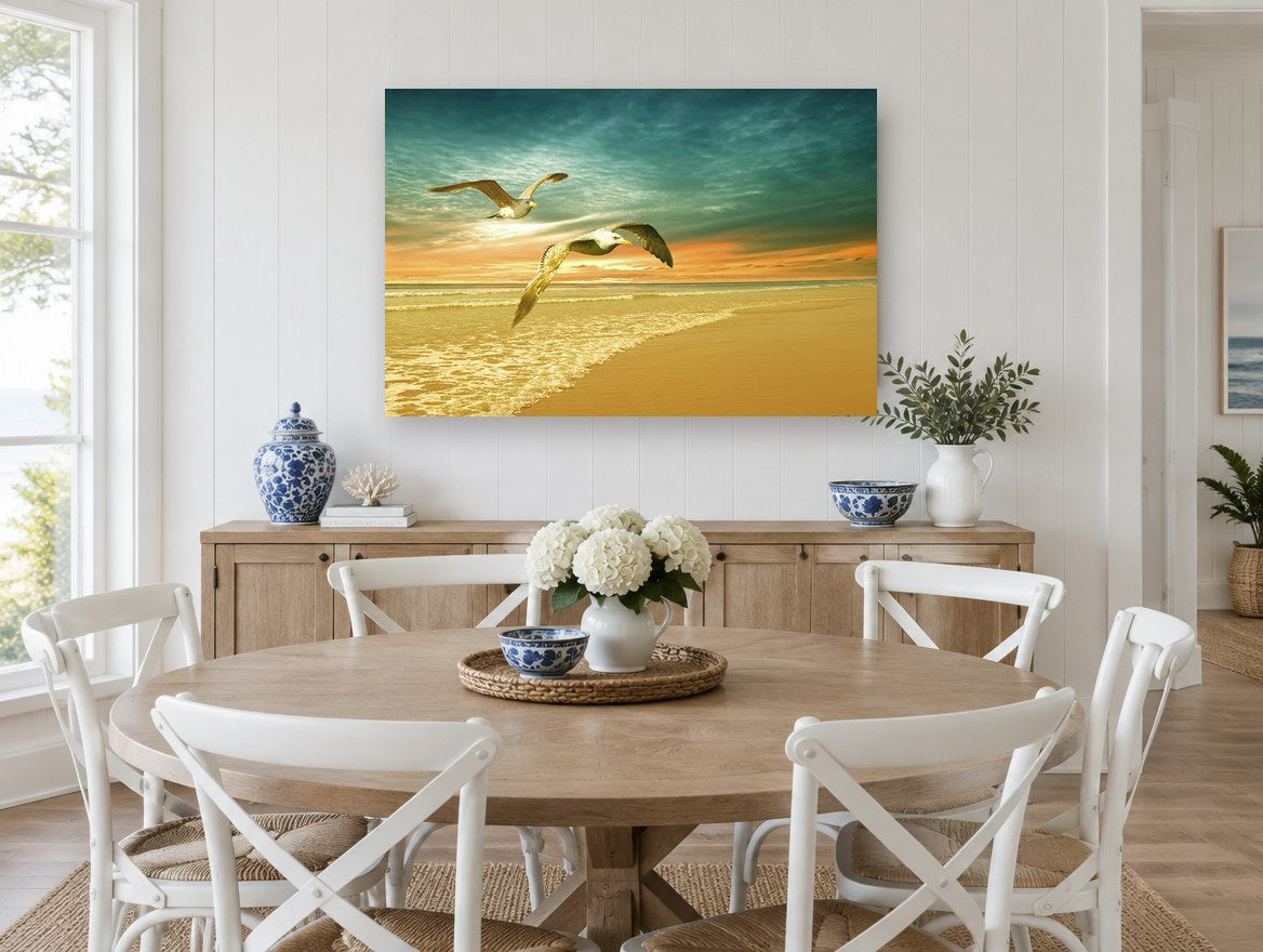 Gulls at Golden Dawn coastal canvas print on the wall of a Hamptons dining room