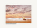 Dawn Sail on Rippled Sand, sailboat on beach at sunrise, coastal canvas wall art print ready to hang