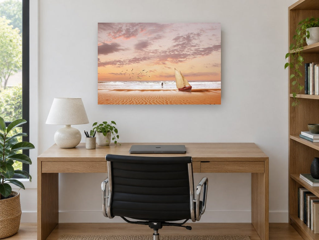 Dawn Sail on Rippled Sand coastal canvas print on the wall of a study