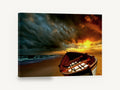 Stormlit Beach Dinghy, wooden boat stormy sunset beach photograph, coastal canvas wall art print ready to hang