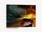 Stormlit Beach Dinghy, wooden boat stormy sunset beach photograph, coastal canvas wall art print ready to hang