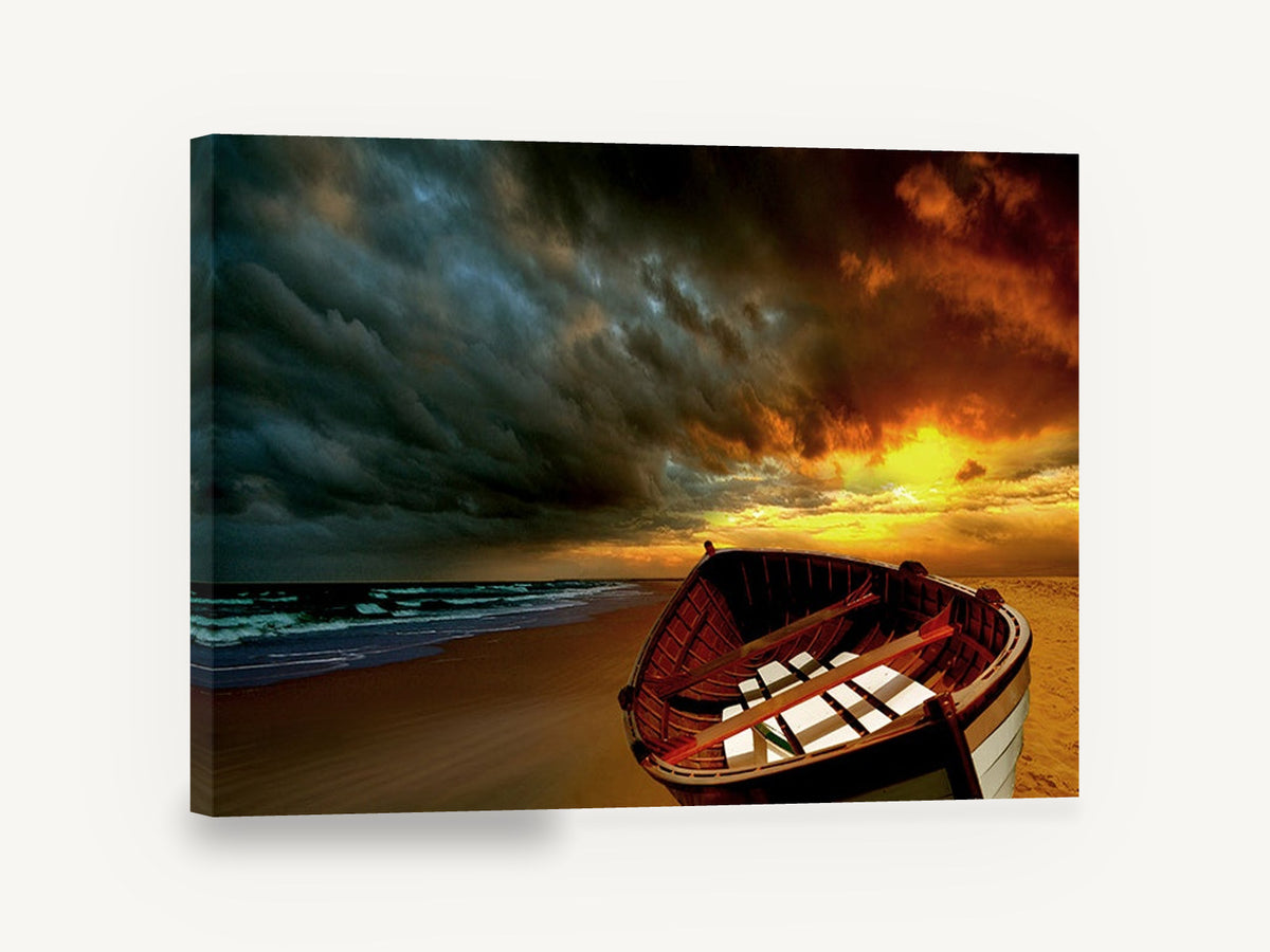 Stormlit Beach Dinghy, wooden boat stormy sunset beach photograph, coastal canvas wall art print ready to hang