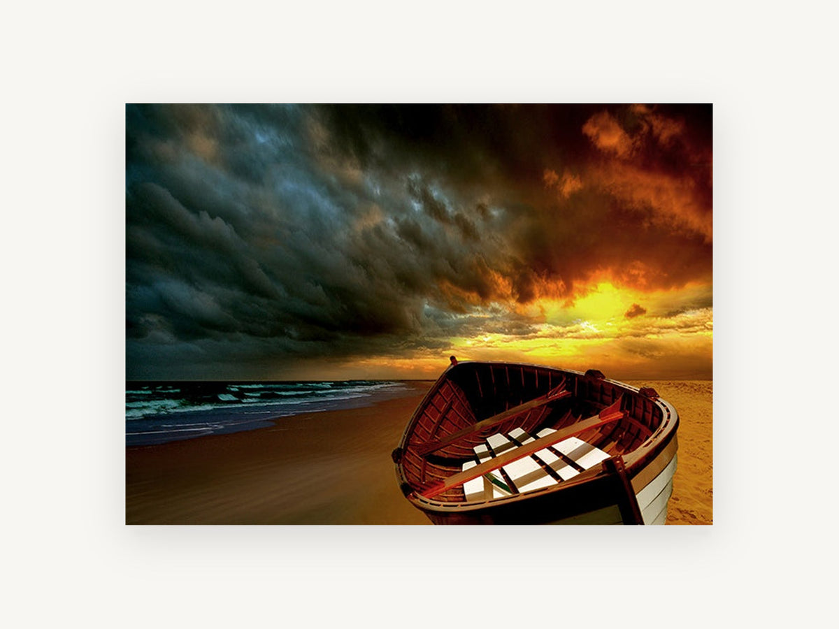 Stormlit Beach Dinghy, coastal canvas wall art print, front view