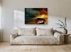 Stormlit Beach Dinghy coastal canvas print on the wall of a living room