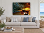 Stormlit Beach Dinghy coastal canvas print on the wall of a beach house living room