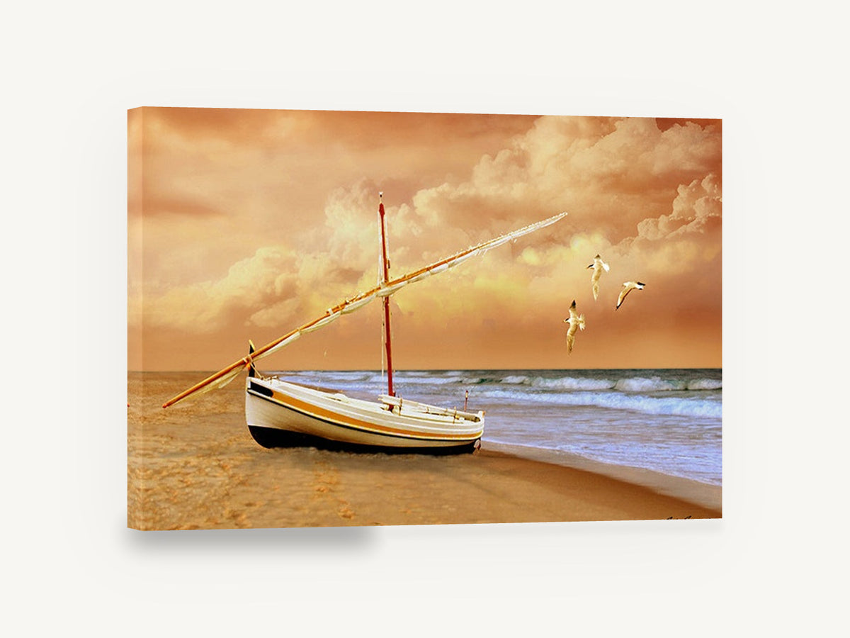 Sunrise Boat on Sand, beached sailboat sunrise seascape photograph, coastal canvas wall art print ready to hang