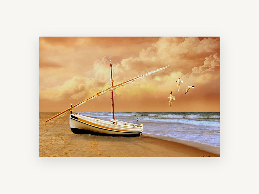 Sunrise Boat on Sand, coastal canvas wall art print, front view